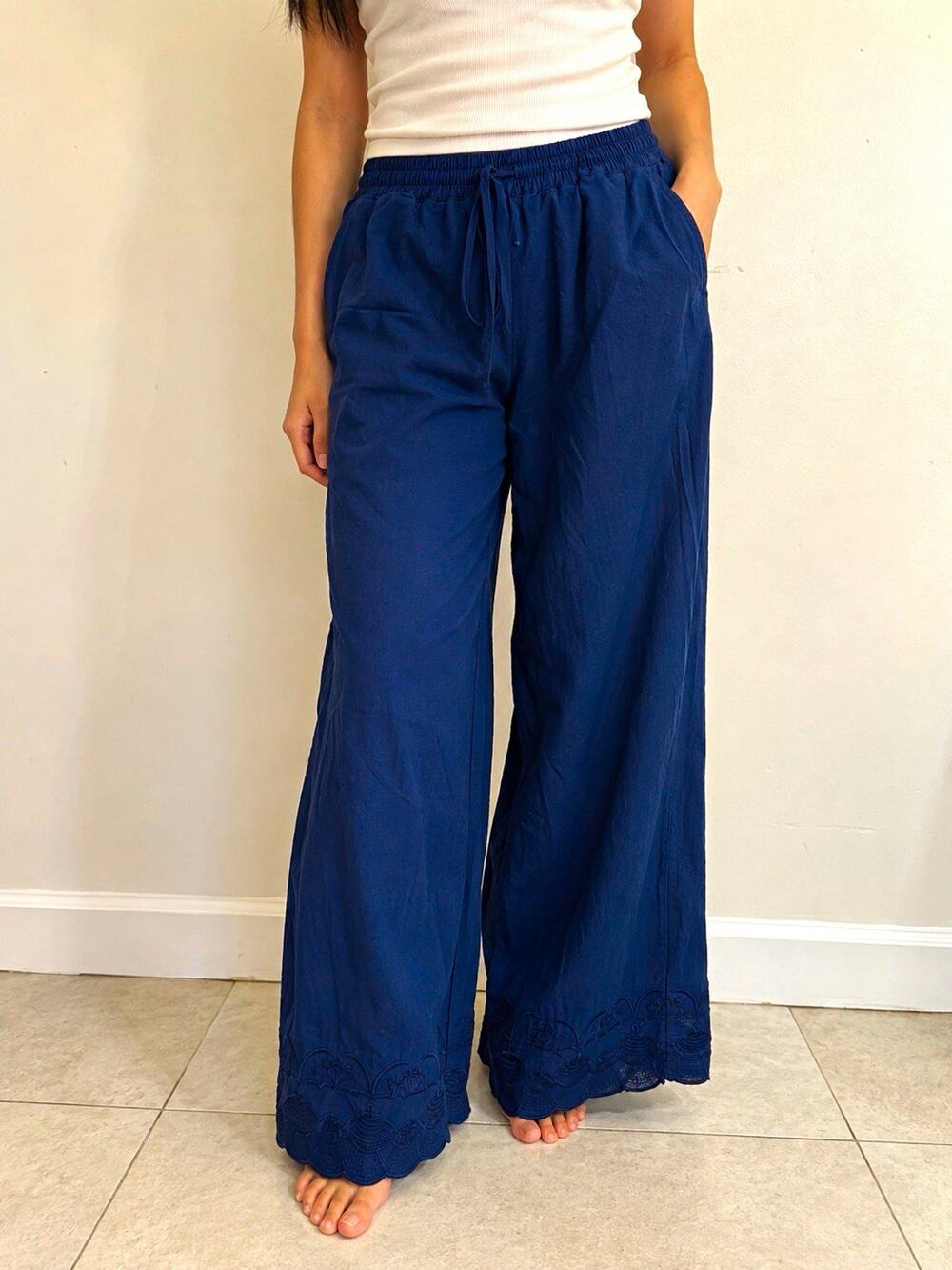 Roller Rabbit x Target Wide Leg Pants Navy Blue Embroidered Scalloped Hem S